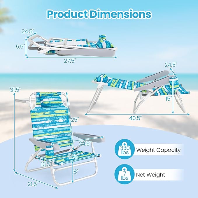 GYMAX Beach Chairs, 4Pcs Folding Camping Chair with Adjustable Backrest, Shoulder Strap, Cup Holder & Headrest, Portable Aluminum Lounger for Tanning, Sunbath, Lawn, Patio (Green, 4 Chairs)