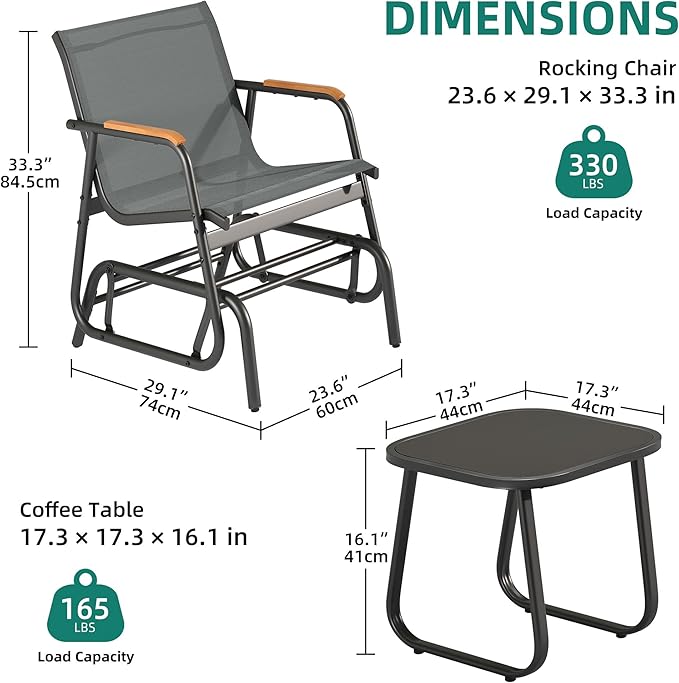 YITAHOME 3 Piece Patio Furniture Set, Outdoor Glider Chair Bistro Set, Coffee Table with Tempered Glass Tabletop, Patio Textilene Chairs Set of 2 for Backyard, Lawn, Garden, Balcony and Porch, Grey