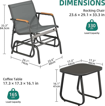 YITAHOME 3 Piece Patio Furniture Set, Outdoor Glider Chair Bistro Set, Coffee Table with Tempered Glass Tabletop, Patio Textilene Chairs Set of 2 for Backyard, Lawn, Garden, Balcony and Porch, Grey