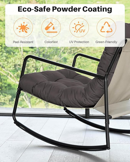 Outdoor Rocking Chair, Metal Patio Rocking Chair, Indoor Rocking Chair with Cushion, Papasan Rocking Lounge Chair, Comfy Modern Rocker Chair for Porch, Living Room, Garden, Lawn, Dark Grey
