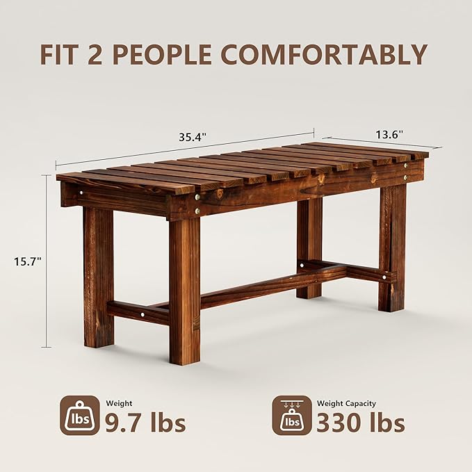 35.5" Outdoor Garden Bench, Weatherproof Patio Benches 2-Person Seat Backless Wooden Porch Bench - Photo 2