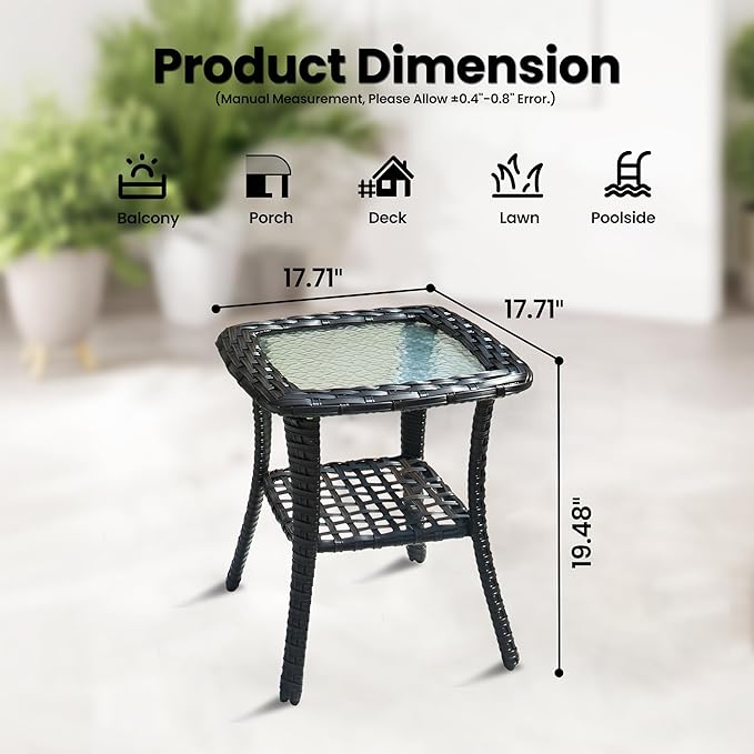 ovios Outdoor Side Table with Tempered Glass Top, Patio Wicker Rattan 2-Tier Storage Coffee End Tables for Porch Deck Balcony Garden Poolside (Brown-Small Size)