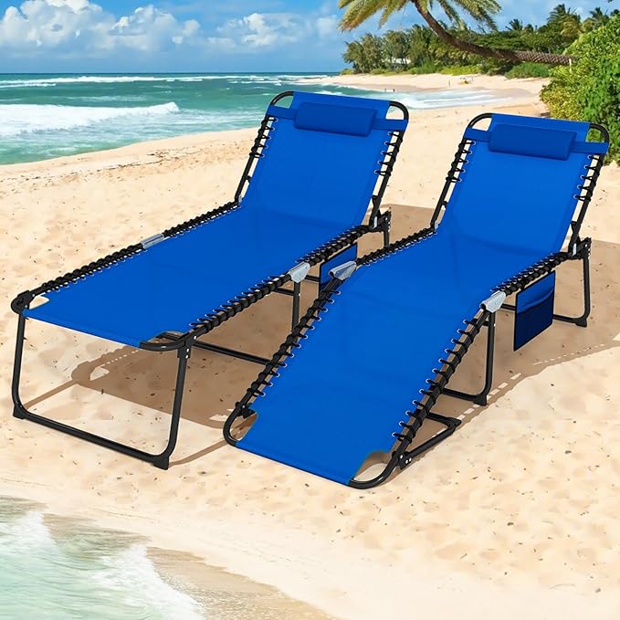 Goplus Chaise Lounge Chair Outdoor, Extra Large Folding 5-Postion Beach Bed with Detachable Pillow, Side Pocket, Adjustable Sunbathing Tanning Chair for Patio Lawn Pool Yard