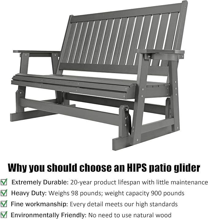 HIPS Patio Glider with Cup Holders, Durable Poly Lumber Material, All-Weather Resistant, High Backrest and Deep Contoured Seat, Heavy Duty 900 LB, for Outdoor, Porch, Patio (Gray, 3-Seat)