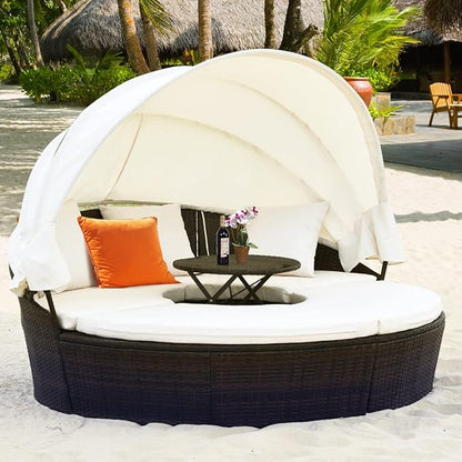 RELAX4LIFE Round Outdoor Daybed with Canopy, Rattan Wicker Sectional Sofa Set w/Cushions, Height Adjustable Table, Conversation Bed Lounger Separated Seating for Outside Pool, Patio Daybed (Off White)