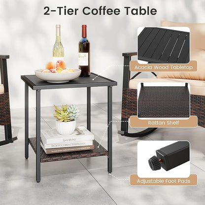 ORALNER 3-Piece Wicker Rocking Chair Set, Outdoor Cushioned Rocker and Acacia Wood Side Table, 400lbs Capacity, PE Rattan Patio Conversation Bistro Set for Porch, Garden, Deck, Poolside, Yard (Beige)