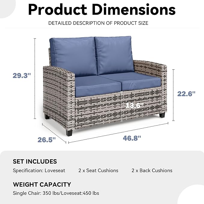 Outdoor Patio Loveseat, All-Weather Outdoor Wicker Sofa with Comfy Cushions, Patio Furniture Set 2 Person Couch - Photo 2