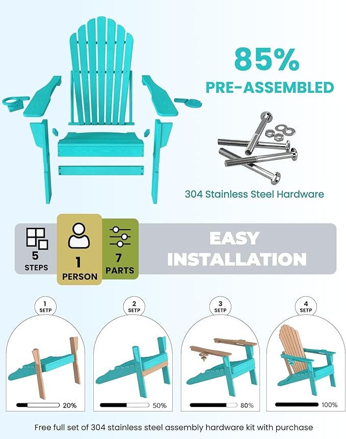 Oversized Adirondack Chair with Dual Cup Holders, Ergonomic High Back HDPE Fire Pit Chair, 380lbs Capacity All-Weather Outdoor Patio Lounge Chair for Garden, Deck, Yard - Aruba Blue