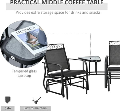 Outsunny Outdoor Glider Chairs with Coffee Table, Patio 2-Seat Rocking Chair Swing with Breathable Sling for Backyard, Garden and Porch, Black