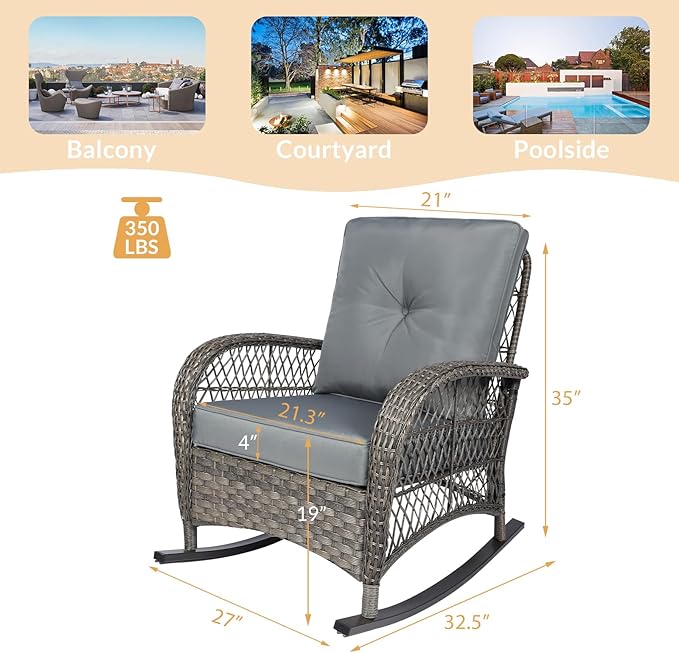 Outdoor Wicker Rocking Chair with Thickened Cushions, All-Weather Rattan Patio Rocking Chairs - Photo 2