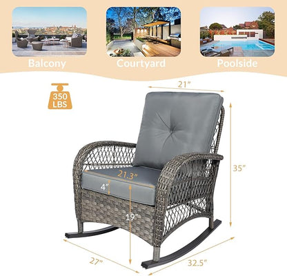Outdoor Wicker Rocking Chair with Thickened Cushions, All-Weather Rattan Patio Rocking Chairs, Rocker Wicker Chair for Porch Garden & Backyard, Gray