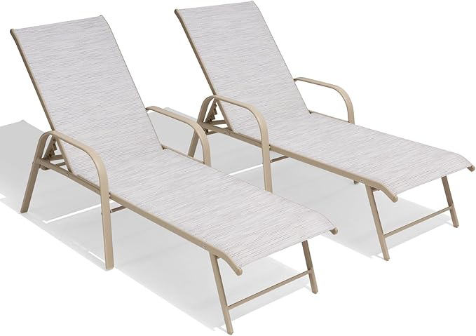 Crestlive Products Chaise Lounge Chair Outdoor with Armrests, Pool Lounge Chairs Set of 2, Aluminum Adjustable 5 Positions Sun Tanning Lounger for Patio, Poolside, Yard, Deck, Backyard (Mix Color)