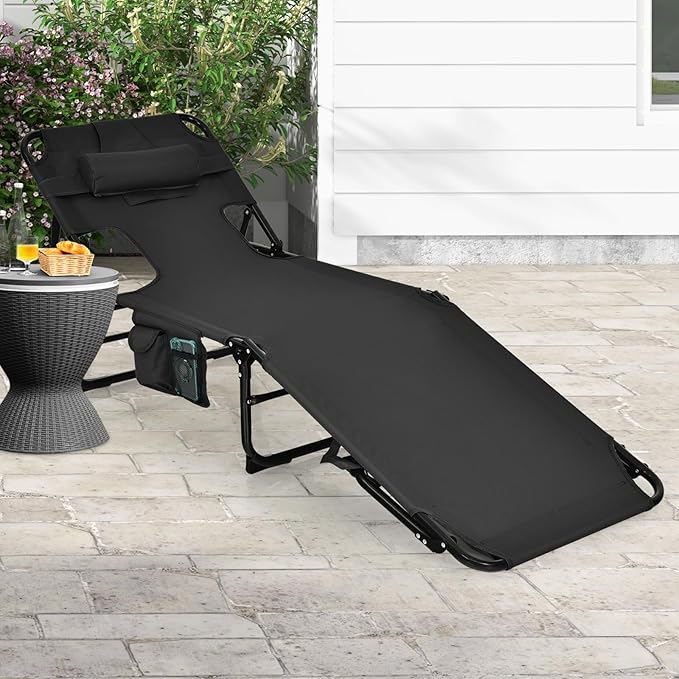 Goplus Tanning Chair, Folding Adjustable Patio Lounge Chair with Face Hole, Removable Pillow, 330LBS, Carry Strap, Outdoor Sunbathing Chair, Lightweight Portable Beach Lounge Chair, No Assembly