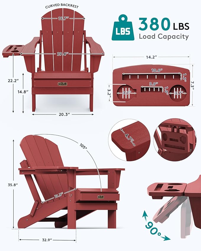 SERWALL Folding Adirondack Chair Set of 4, Outdoor Adirondack Chairs with 4 in 1 Cup Holder, Wood Texture Patio Chairs - Photo 2
