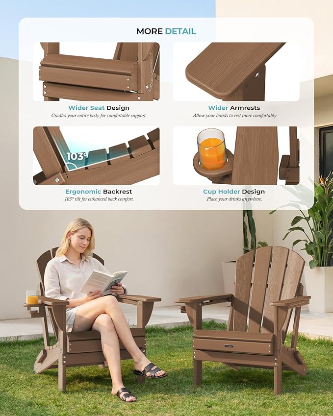 Ciokea Folding Adirondack Chair 4 Pack, Patio Adirondack Chair Weather Resistant, Plastic Fire Pit Chair with Cup Holder - Photo 7