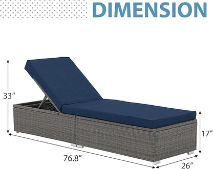 JOIVI Outdoor Patio Chaise Lounge Chairs Set of 2, PE Wicker Patio Pool Lounge Chairs Furniture, Pool Lounger Gray Rattan Adjustable Backrest with Removable Navy Blue Cushion, 250lb Weight Capacity