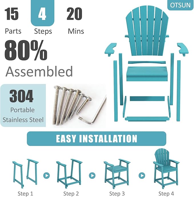OTSUN Tall Adirondack Chairs Set of 2, HDPE Bar Height Outdoor Chairs, Adirondack Bar Stools for Patio Balcony & Porch - Photo 7
