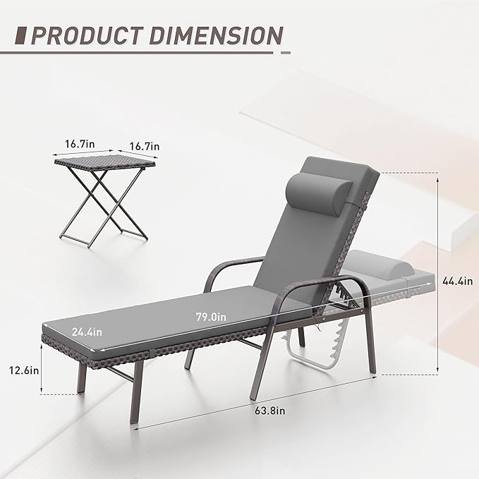 ALAULM 3 Pieces Outdoor Chaise Lounge Set Rattan Wicker Adjustable Pool Lounge Chair w/Folding Table,Patio Armrest Recliner for Beach, Poolside,Grey