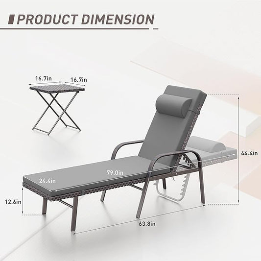 ALAULM 3 Pieces Outdoor Chaise Lounge Set Rattan Wicker Adjustable Pool Lounge Chair w/Folding Table,Patio Armrest Recliner for Beach, Poolside,Grey