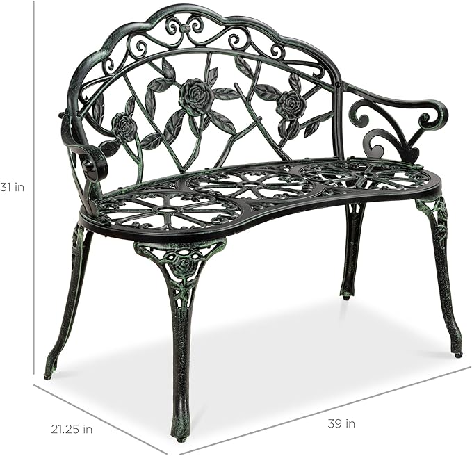 Best Choice Products Outdoor Bench Steel Garden Patio Porch Loveseat Furniture for Lawn, Park, Deck Seating w/Floral Rose Accent, Antique Finish - Black/Green