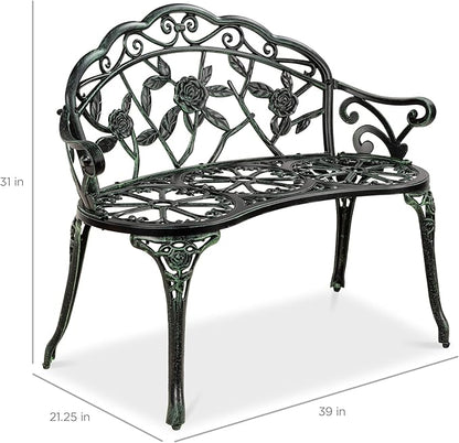 Best Choice Products Outdoor Bench Steel Garden Patio Porch Loveseat Furniture for Lawn, Park, Deck Seating w/Floral Rose Accent, Antique Finish - Black/Green
