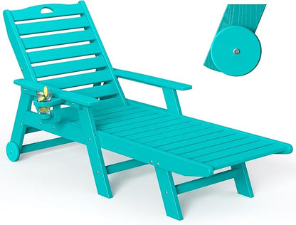 nalone HDPE Chaise Lounge Chair Outdoor with Wheels & Cup Holder, Pool Lounge Chairs with 5-Position Adjustable Backrest, Supports Up to 400 LBS for Patio Poolside Deck Beach Backyard (Aruba)