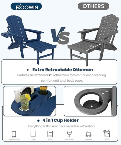 FOOWIN Folding Adjustable Adirondack Chair with Retractable Ottoman, HDPE Adirondack Chair w/4 in 1 Cup Holder Trays,All-Weather Resistant Fire Pit Chair for Outdoor Patio Lawn, Navy Blue