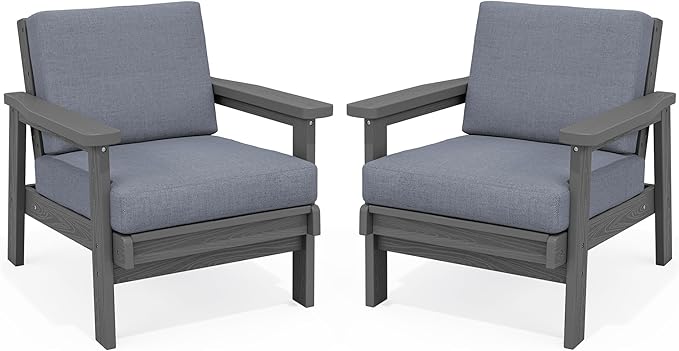 SERWALL HDPE Outdoor Furniture Set, 2 Piece All Weather Wood-Like Outdoor Sofa Sectional Couch, Grey Frame and Grey Cushion