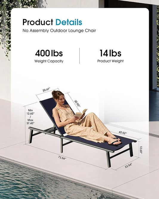 Ciokea Foldable Outdoor Lounge Chair, No Assembly Patio Chaise Lounge Outdoor with 5-Positions, Aluminum Pool Lounge Chair with Portable Design for Pool, Beach, Deck, Backyard, Navy Blue