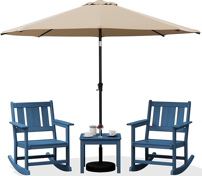 SERWALL Outdoor Rocking Chairs Set of 2 with 1 Side Table & 9ft Patio Umbrella - Photo 1