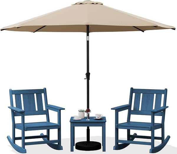 SERWALL Outdoor Rocking Chairs Set of 2 with 1 Side Table & 9ft Patio Umbrella - Photo 1