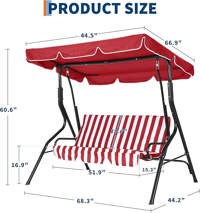 GarveeLife Outdoor Porch Swing Chair with Adjustable Canopy for Adults, 3-Seat Patio Glider Bench with Thick Cushions - Photo 5