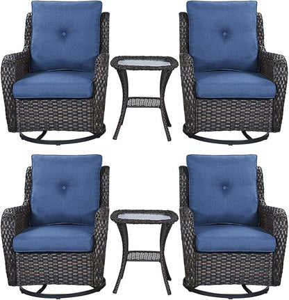 Rilyson Wicker Rocking Chair Swivel Chairs – 6 Piece Rocker Patio Furniture Set Rattan Rocking Bistro Sets with Glass Top Side Table for Outdoor Porch Deck Garden Backyard(Brown/Blue)