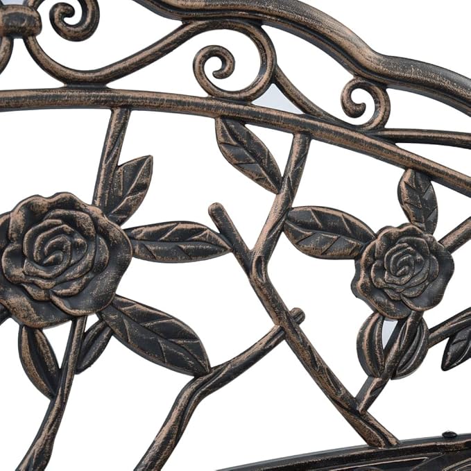Bronze Cast Aluminum and Cast Iron Bistro Bench, Medium Sturdy Outdoor Garden Seating with Floral Design, Weather Resistant Patio Furniture for Two