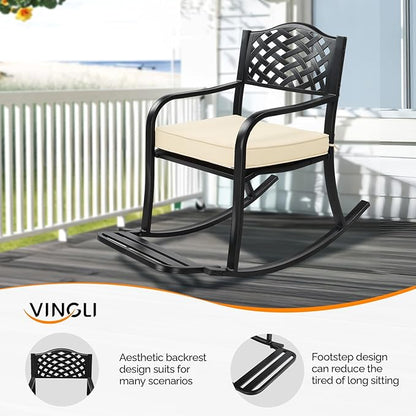 VINGLI Metal Rocking Chair, Outdoor Rocking Bench with Cushion, Patio Rocker with Footrest, Weatherproof Rocking Chair for Outside, Patio, Garden, Hole Backrest
