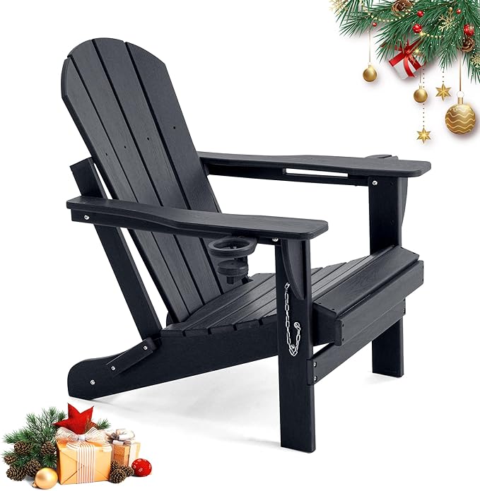 Folding Outdoor Adirondack Chairs Set of 1 with High&Reclining Back-HDPE Weather Resistant Patio Chairs with Cup and Phone Holder for Patio,Fire Pit, Garden and Backyard