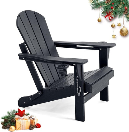 Folding Outdoor Adirondack Chairs Set of 1 with High&Reclining Back-HDPE Weather Resistant Patio Chairs with Cup and Phone Holder for Patio,Fire Pit, Garden and Backyard