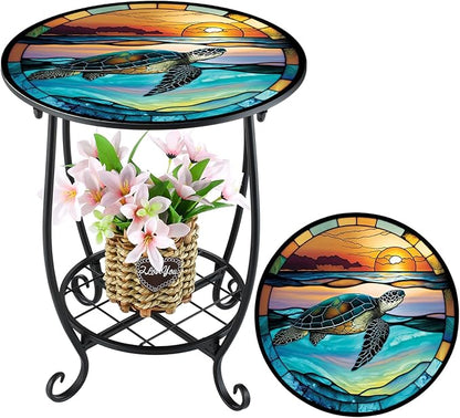 Outdoor Side Table Round Small Mosaic Patio Accent Indoor End Plant Coffee Tea Table for Yard Patio Porch Garden Living Room, Bedroom(Turtle Style,16 Inch)