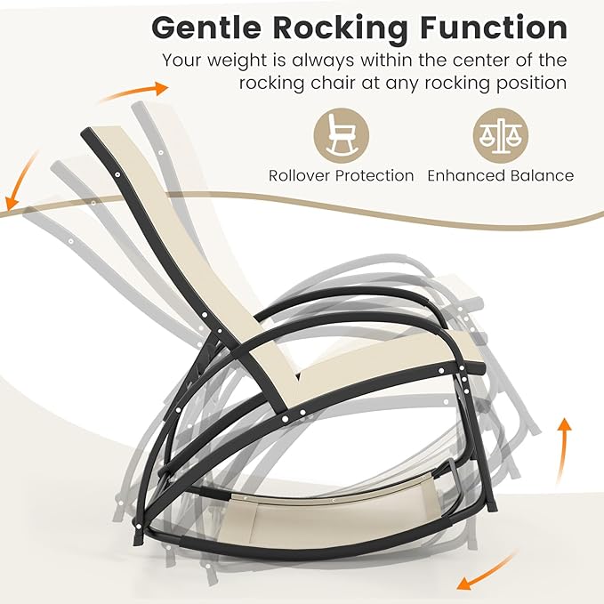 Tangkula Rocking Chair Outdoor, 2-in-1 Convertible Lounge Chair with 4-Level Adjustable Backrest, Heavy-Duty Aluminum Frame, Patio Sun Lounger Rocker for Porch, Poolside, Backyard, Garden (1, Beige)