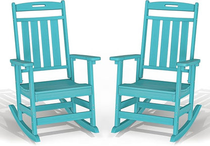 Plawdlik Oversized Outdoor Rocking Chair - All-Weather Resistant,HDPE Heavy Duty Patio Rockers with High Back - Perfect for Porch,Garden,Modern Style Set of 2-Aruba