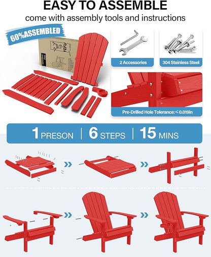 YEFU Adirondack Chairs with Cup Holders: Set of 6 Fire Pit Chairs Plastic with Wood Texture - Sturdy All-Weather HIPS for Patio Backyard Lawn - Easy Assembly Outdoor Furniture(Red)