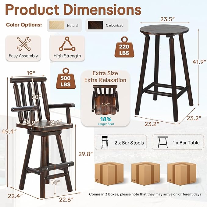 HOMEDIARY 3 Piece Outdoor Swivel Adirondack Bar Set, 41.9" Patio Log Bar Height Table & 2 Bar Stools with High Back - Photo 2