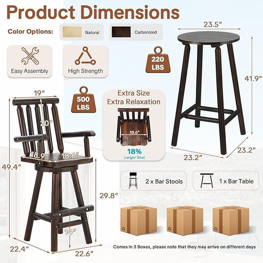 HOMEDIARY 3 Piece Outdoor Swivel Adirondack Bar Set, 41.9" Patio Log Bar Height Table & 2 Bar Stools with High Back, 500 LBS Heavy Duty Wooden Bar Stools Set for Deck Pub Garden Backyard, Carbonized