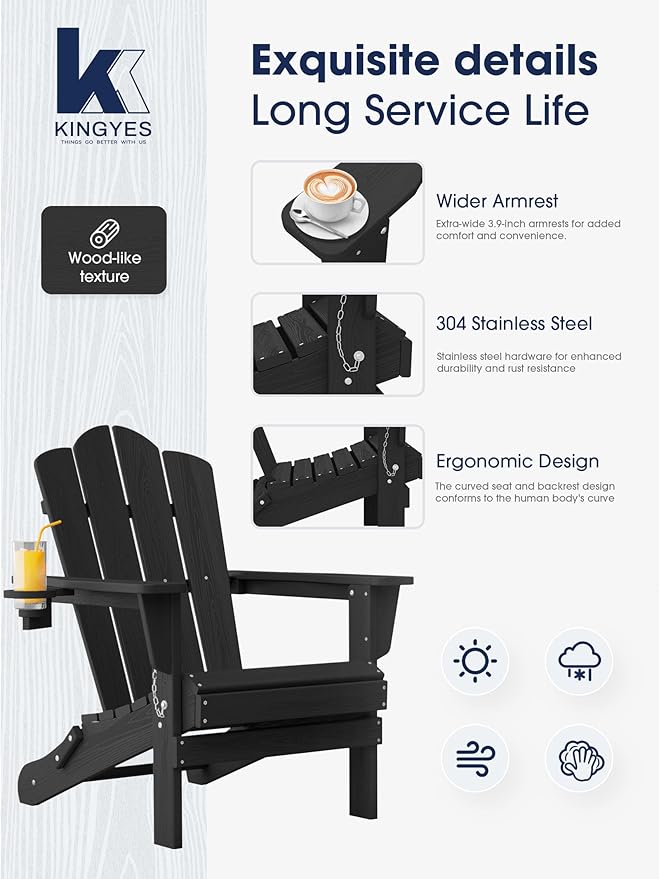 KINGYES Folding Adirondack Chair, HDPE All-Weather Patio Chairs with Cup Holder, Wooden Textured Fire Pit Chairs for Poolside, Backyard, Deck, Black