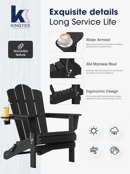 KINGYES Folding Adirondack Chair, HDPE All-Weather Patio Chairs with Cup Holder, Wooden Textured Fire Pit Chairs for Poolside, Backyard, Deck, Black