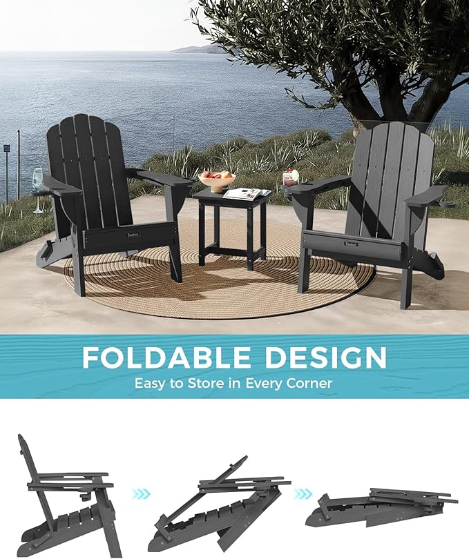 Folding Adirondack Chair, HDPE Adirondack Chair with 2 Cup-Holders, Outdoor Fire Pit Chairs for Poolside, Garden, Patio - Photo 8