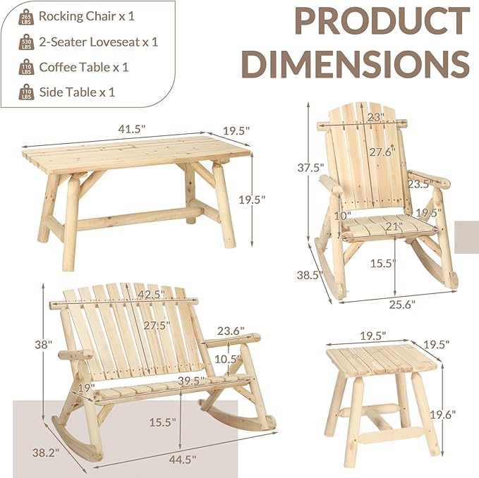 4-Piece Outdoor Wood Rocking Bistro Set, Rustic Wooden Conversation Set Including 2-Seater Loveseat, 2 Coffee Table, Log Rocker Chair, Patio Furniture Chair Set for Lawn Yard, Natural