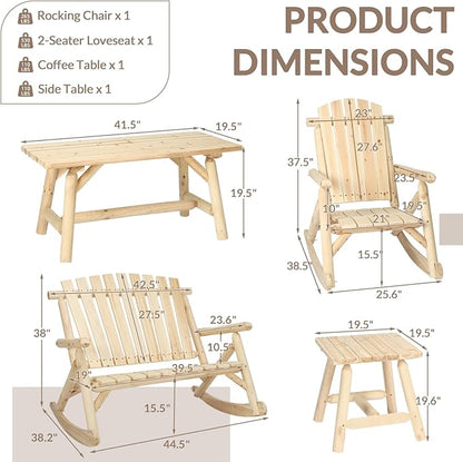 4-Piece Outdoor Wood Rocking Bistro Set, Rustic Wooden Conversation Set Including 2-Seater Loveseat, 2 Coffee Table, Log Rocker Chair, Patio Furniture Chair Set for Lawn Yard, Natural