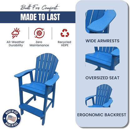 Phat Tommy Tall Adirondack Chair - HDPE Outdoor Furniture - Poly Adirondack Bar Stool - Heavy, Stress Free Furniture for Balcony, Deck, Patio, Front Porch, Blue