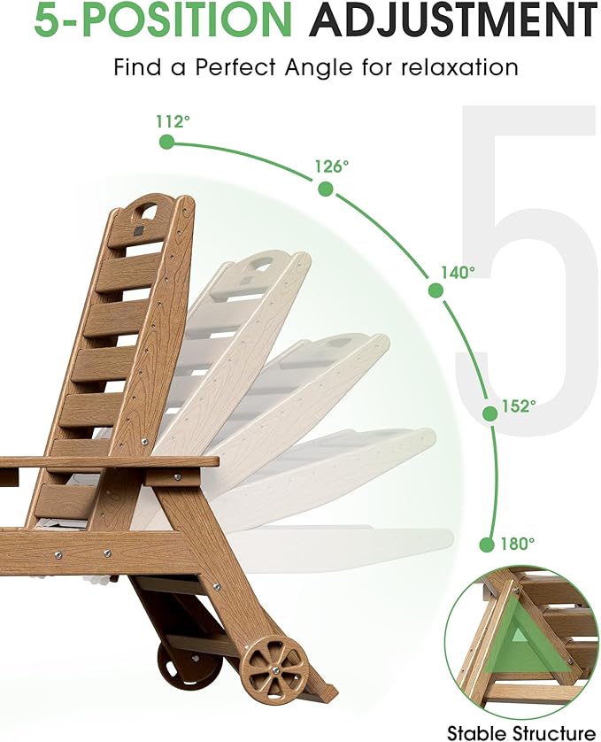 Chaise Lounge Outdoor, Lounge Chair Outdoor with Wood Texture, Adjustable 5-Position Backrest - Photo 5